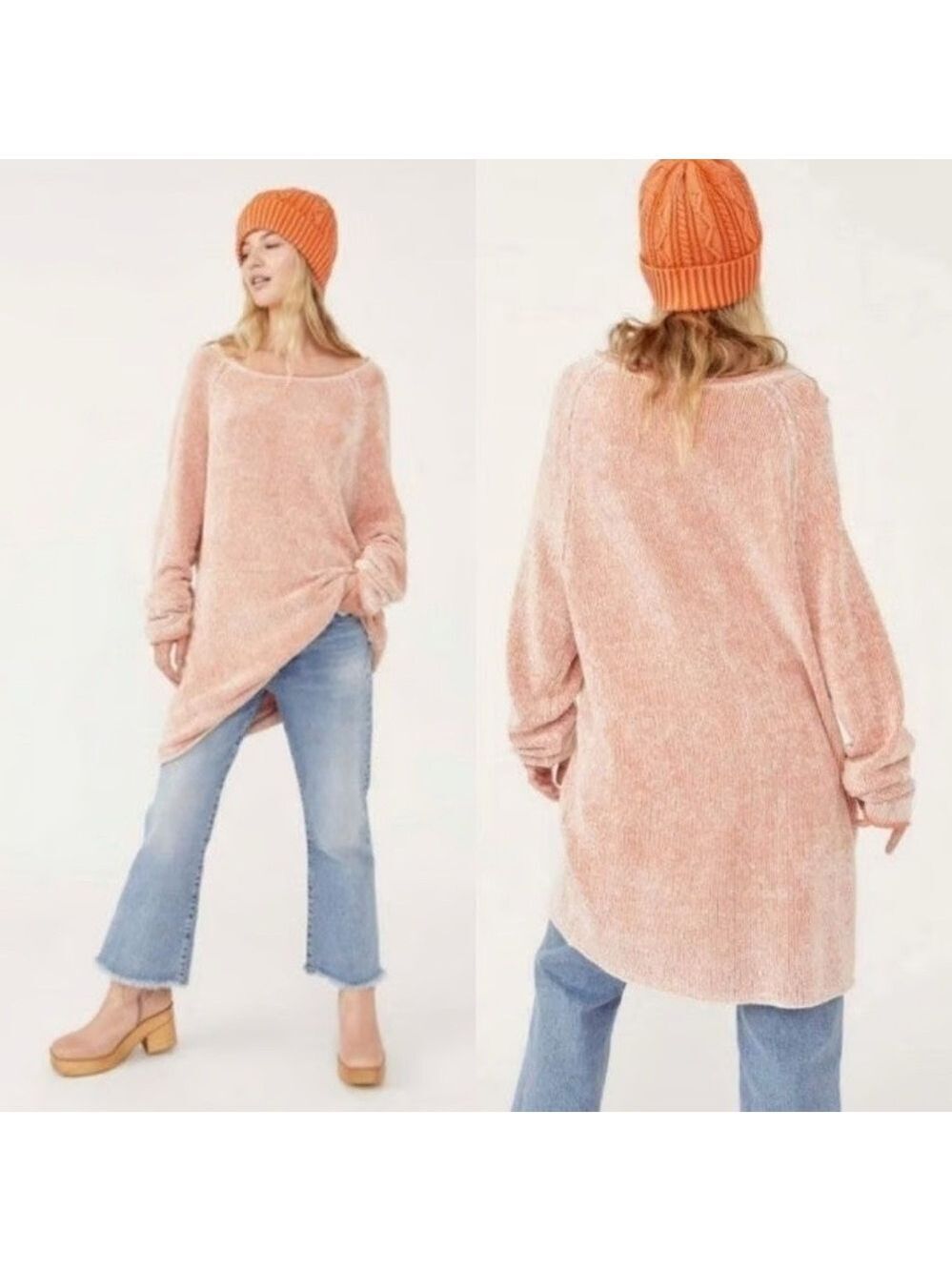 Free People Lenox tunic sweater XS soft orange cream chenille cozy Boho Casual